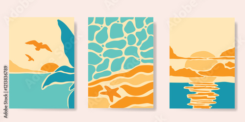 Abstract summer background poster vector. Minimal hand drawn wallpaper design with coconut tree, sunset, sea, mountain, bird. Ocean painting for summer season, wall decoration, interior, background.