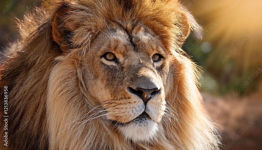 Majestic lion with golden mane, sunlit fur blowing in the wind, portrait of a king. Majestic lion with golden mane, sunlit fur blowing in the wind, portrait of a king.