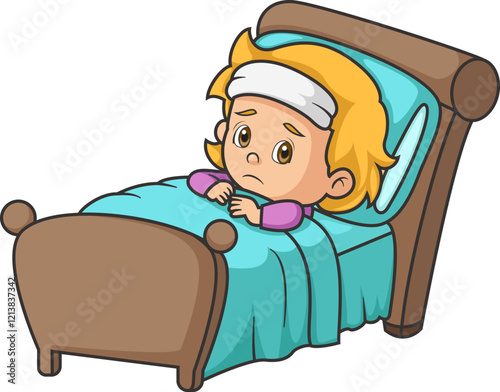 Sick cute girl sleep in bed and feel so bad