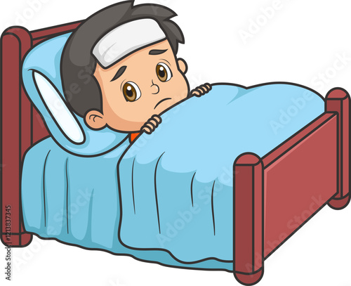 Sick cute boy sleep in bed and feel so bad