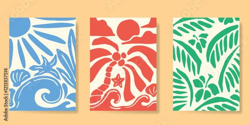 Abstract summer background poster vector. Minimal hand drawn wallpaper design with coconut tree, sun, sea, star fish, scallop. Ocean painting for summer season, wall decoration, interior, background.