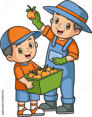 father and son picking fresh oranges