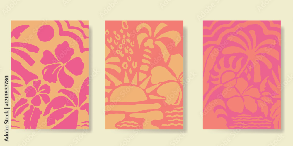 Abstract summer background poster vector. Minimal hand drawn wallpaper design with coconut tree, sun, sea, hibiscus flower. Ocean painting for summer season, wall decoration, interior, background. Abstract summer background poster vector. Minimal hand drawn wallpaper design with coconut tree, sun, sea, hibiscus flower. Ocean painting for summer season, wall decoration, interior, background.