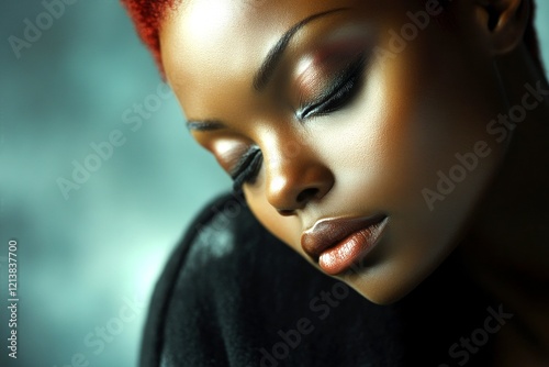 Pretty calm black girl - for ads, magazine ad and social networks use. Short trim - red hair. Commercial digital ads visual graphic design. Elegant black ads. Black portrait campaign. photo