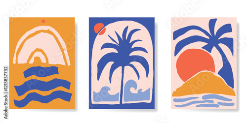 Abstract summer background poster vector. Minimal hand drawn wallpaper design with coconut tree, sun, sea, mountain. Ocean painting for summer season, wall decoration, interior, background.