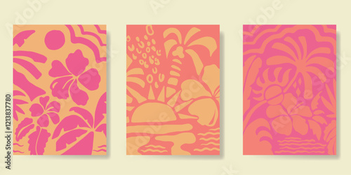 Abstract summer background poster vector. Minimal hand drawn wallpaper design with coconut tree, sun, sea, hibiscus flower. Ocean painting for summer season, wall decoration, interior, background.