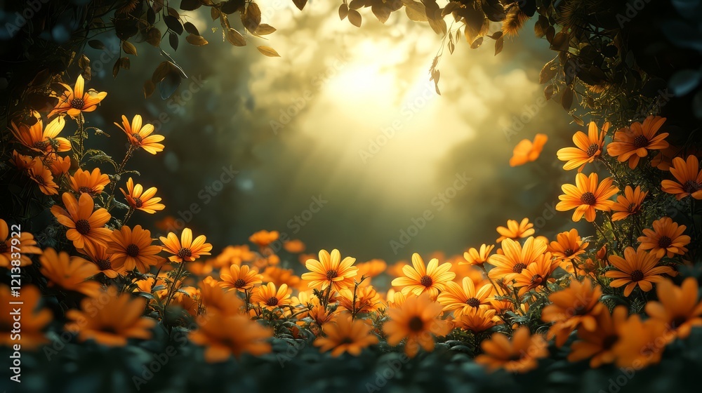 Vibrant orange flowers blooming in a sunlit forest with soft, enchanting lighting. Vibrant orange flowers blooming in a sunlit forest with soft, enchanting lighting.