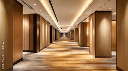 Modern hotel corridor showcasing elegant wooden paneling  warm lighting  and a spacious layout