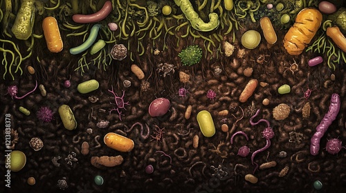 Soil Microorganism Illustration Diverse Bacteria Fungi and Roots photo