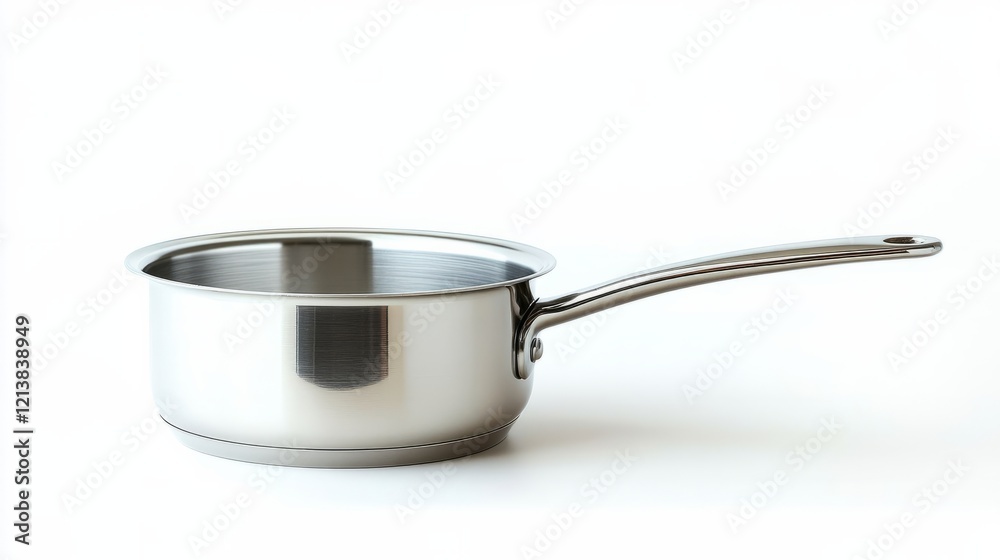 A shiny stainless steel saucepan with a long handle and lid, isolated on a white background A shiny stainless steel saucepan with a long handle and lid, isolated on a white background
