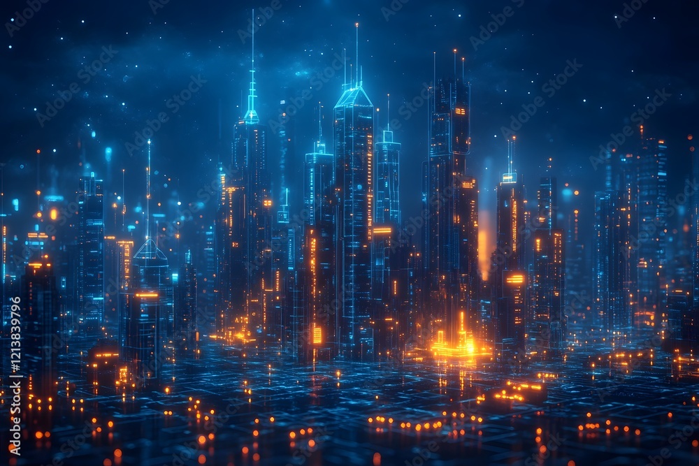 Fototapeta premium Futuristic Cityscape with Glowing Neon Skyscrapers and Illuminated Urban Landscape