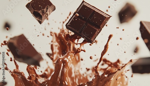 Chocolate pieces falling into liquid chocolate splash