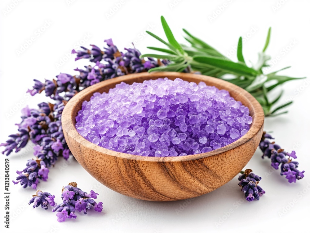 Purple bath salt in wooden bowl with lavender and rosemary sprigs on white background Purple bath salt in wooden bowl with lavender and rosemary sprigs on white background