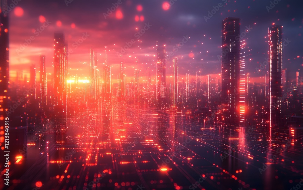 Fototapeta premium Futuristic Illuminated Cityscape with Glowing Skyscrapers and Neon Lights in Vibrant Metropolis