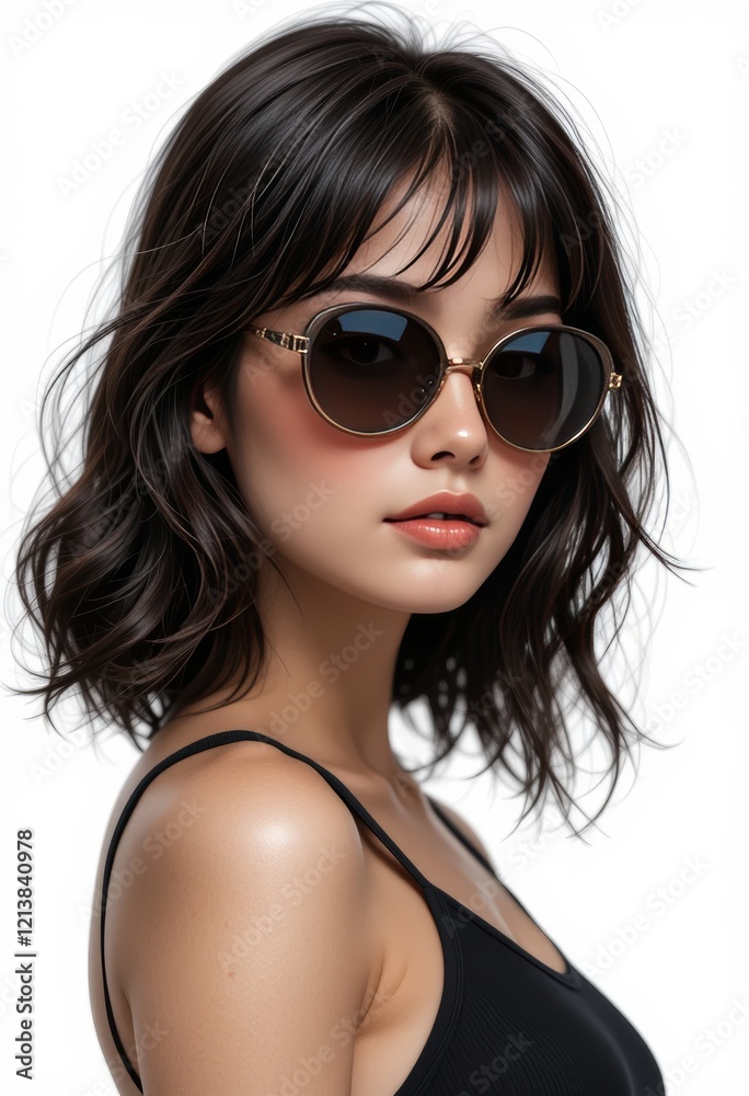 Darkhaired woman in black tank top and sunglasses, suitable for fashion blogs, social media posts, or lifestyle website banner Darkhaired woman in black tank top and sunglasses, suitable for fashion blogs, social media posts, or lifestyle website banner