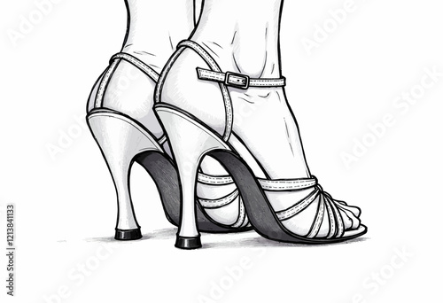 Latin Dance Shoe Line Art: A Vector Drawing of Women's Heels, Designed for Ballroom Rumba & Samba Practice, Technical Sketch, Presented on a Pure White Background.


