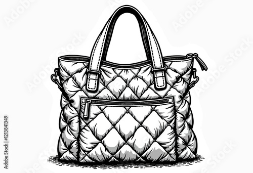Zippered Puffy Tote Sketch: A Line Art Vector Doodle Illustration of a Quilted Puffer Women's Tote Bag, Designed as a Shoulder/Hobo/Tote Bag, Front View, on a Pure White Background.

