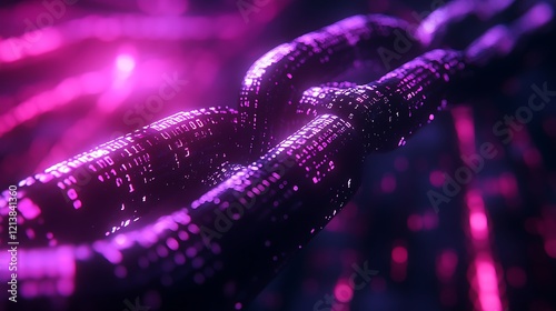 3D purple and black digital chain with binary code background