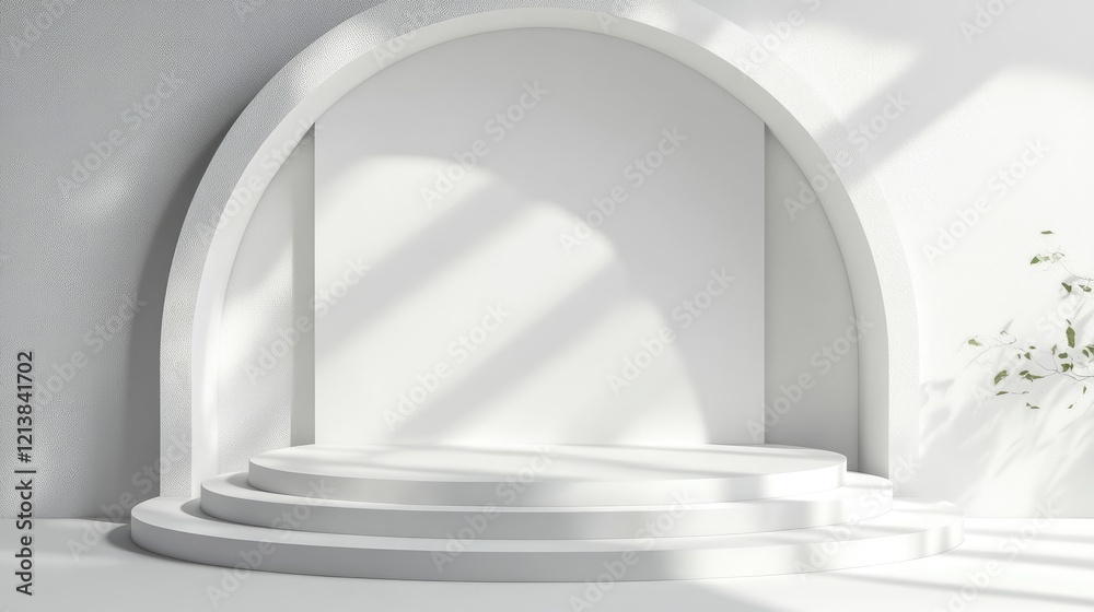 Cylinder podium with geometric shapes and arch, mockup product presentation Cylinder podium with geometric shapes and arch, mockup product presentation