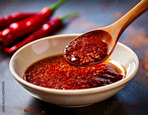 Chili Oil Spicy Oil in jar on kitchen table
