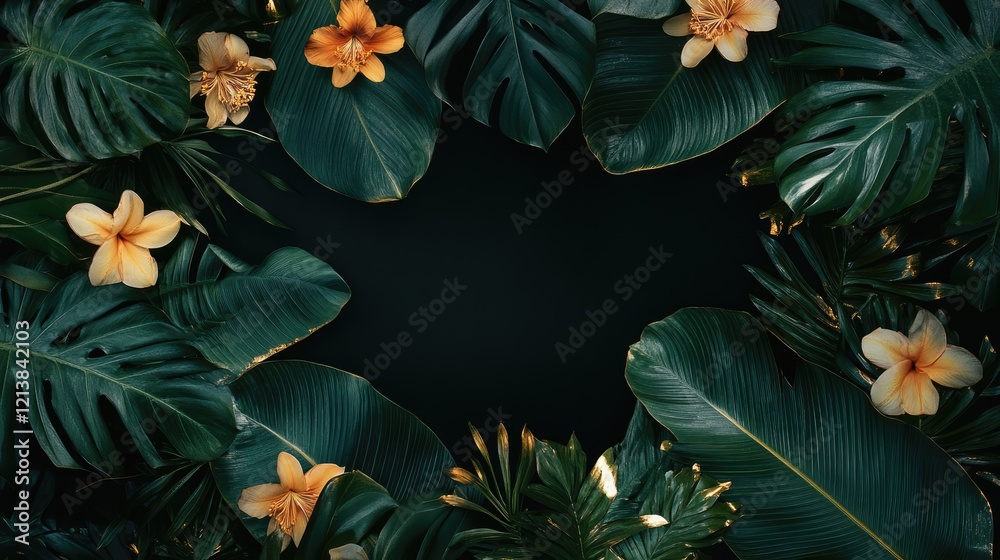 Fototapeta premium Dark background frame with tropical leaves and flowers adorned with golden highlights