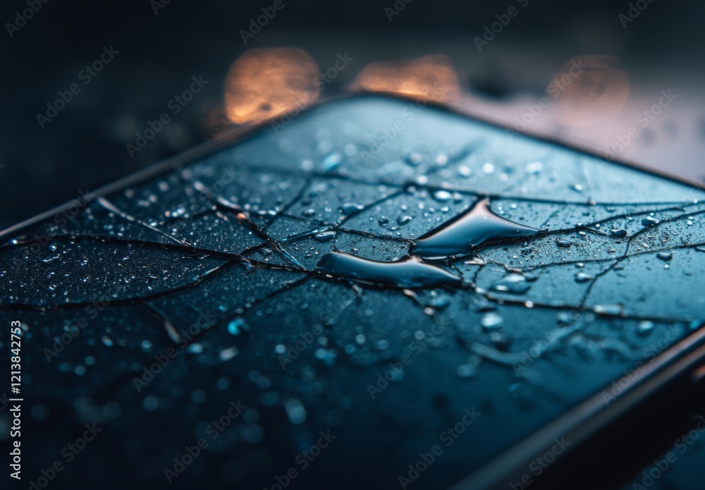 Fototapeta premium Close-up of a cracked smartphone screen with water droplets, symbolizing data vulnerability and digital security risks in modern technology. 