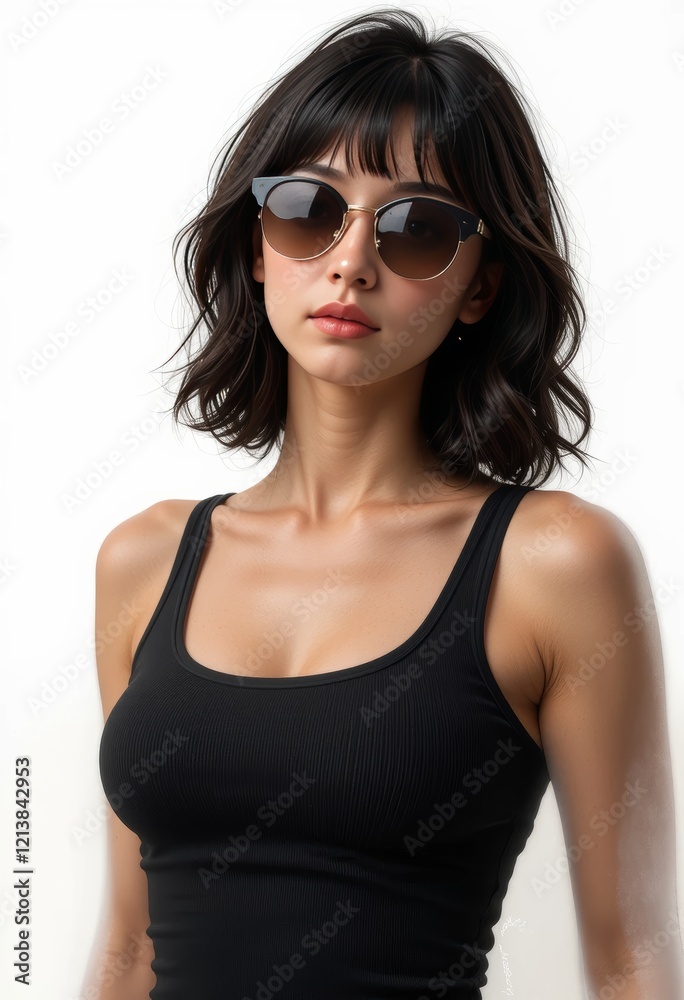 Darkhaired woman in black tank top and sunglasses, suitable for fashion blogs, social media posts, or lifestyle website banner Darkhaired woman in black tank top and sunglasses, suitable for fashion blogs, social media posts, or lifestyle website banner