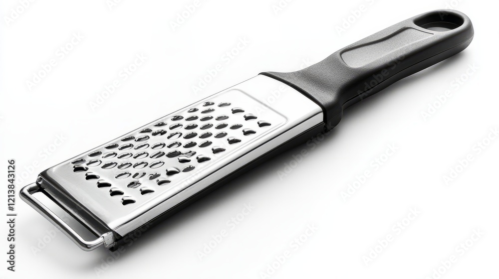 A stainless steel cheese grater with a rubberized non-slip base, isolated on a white background A stainless steel cheese grater with a rubberized non-slip base, isolated on a white background