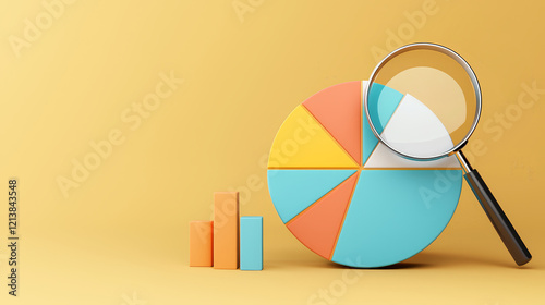 A colorful pie chart with a magnifying glass and bar graph elements, all set against a bright yellow background. photo