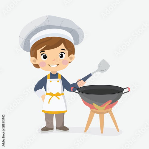 Young Chef Cooking on Grill Vector Illustration. A delightful illustration of a young chef happily cooking on a grill, perfect for culinary and food-themed projects