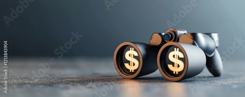 A close-up of binoculars featuring dollar signs, symbolizing a focus on financial opportunities and economic insights.