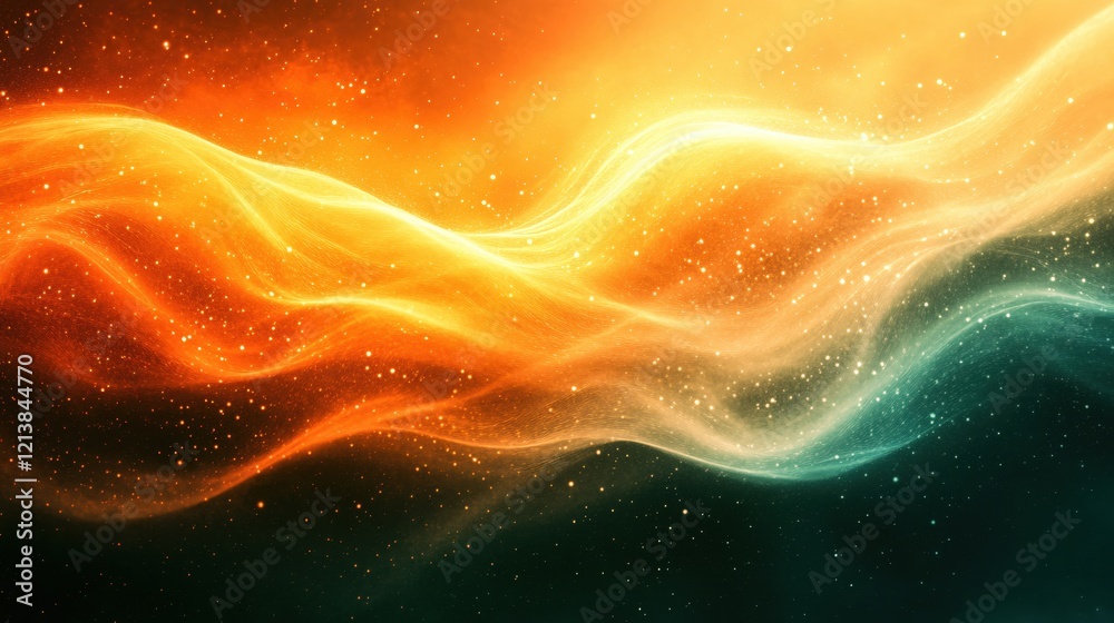 Abstract cosmic wave with sparkling particles in orange yellow and teal gradient background Abstract cosmic wave with sparkling particles in orange yellow and teal gradient background