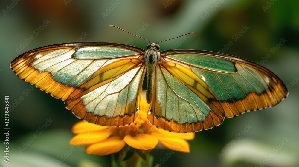 Fototapeta premium Close-up view of a butterfly delicately perched on a flower, intricate wing details shining brightly