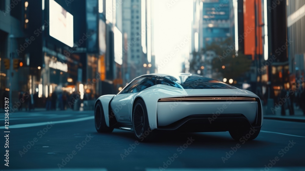 Fototapeta premium A sleek and stylish electric car maneuvers through vibrant city streets, illuminated by urban lights, highlighting its cutting-edge design