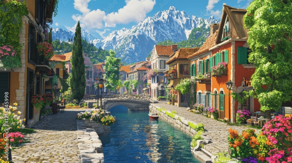 Obraz premium Scenic Canal Town Nestled Amongst Majestic Mountains