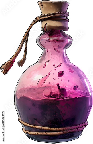 A Pink Potion Bottle with Dark Purple Liquid Inside photo