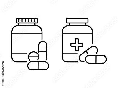 Medicine bottle icon vector design set. pills jar icon vector set.  Medication Line Icon. Pharmaceutical Medicament Sign. Pharmacy Symbol.