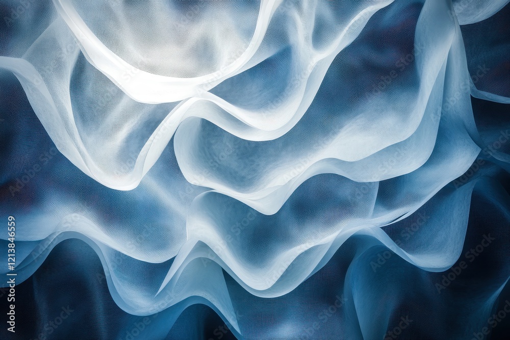 Obraz premium Translucent waves of blue fabric create a dreamlike atmosphere in soft layers and gentle curves. Generative AI