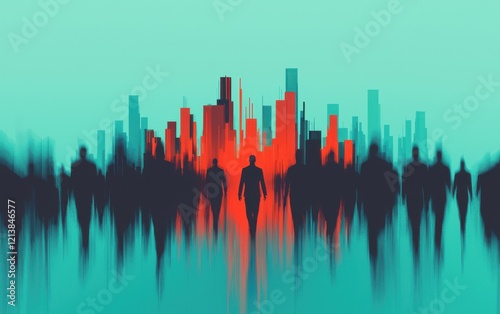 Dynamic composition of leaders racing across a modern cityscape, with skyscrapers blending into the motion, urban leadership theme photo