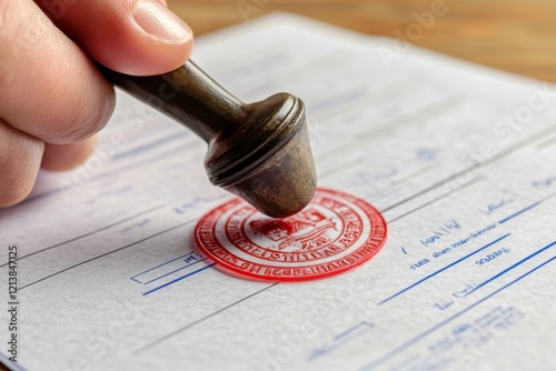 Close-up of a person's hand stamping with approved stamp on certificate document public paper at desk,  notary or business people work from home, isolated for coronavirus COVID-19, Generative AI