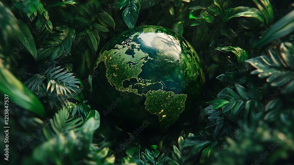 Vibrant green globe surrounded by lush eco-friendly foliage emphasizing sustainability Vibrant green globe surrounded by lush eco-friendly foliage emphasizing sustainability