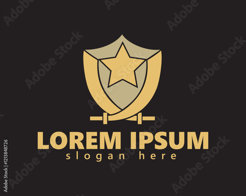 creative two crossed swords forming a shield with a star in the middle, logo design