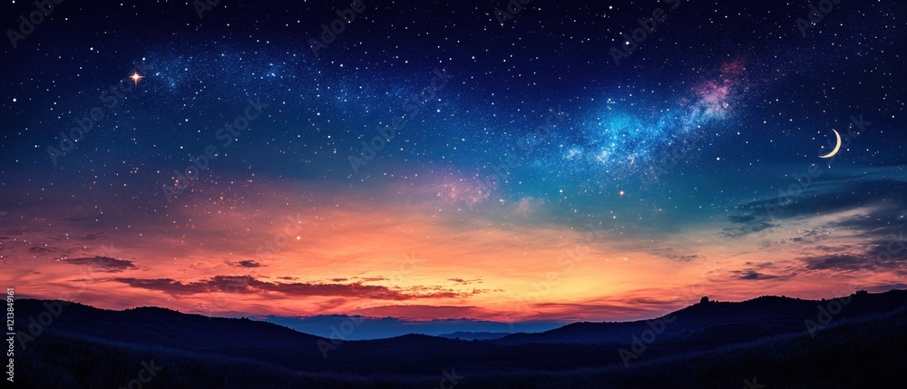 Fototapeta premium Starry night sky with milky way over dark hills and a crescent moon at dusk with warm colors