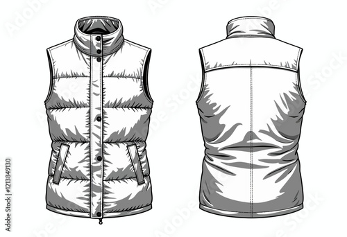 Down Jacket and Vest Template: A Flat Technical Sketch of a Down Jacket and a Vest with Patch Pockets, Buttons, Sleeveless, Front & Back Views, in White, Unisex, CAD Mockup.

