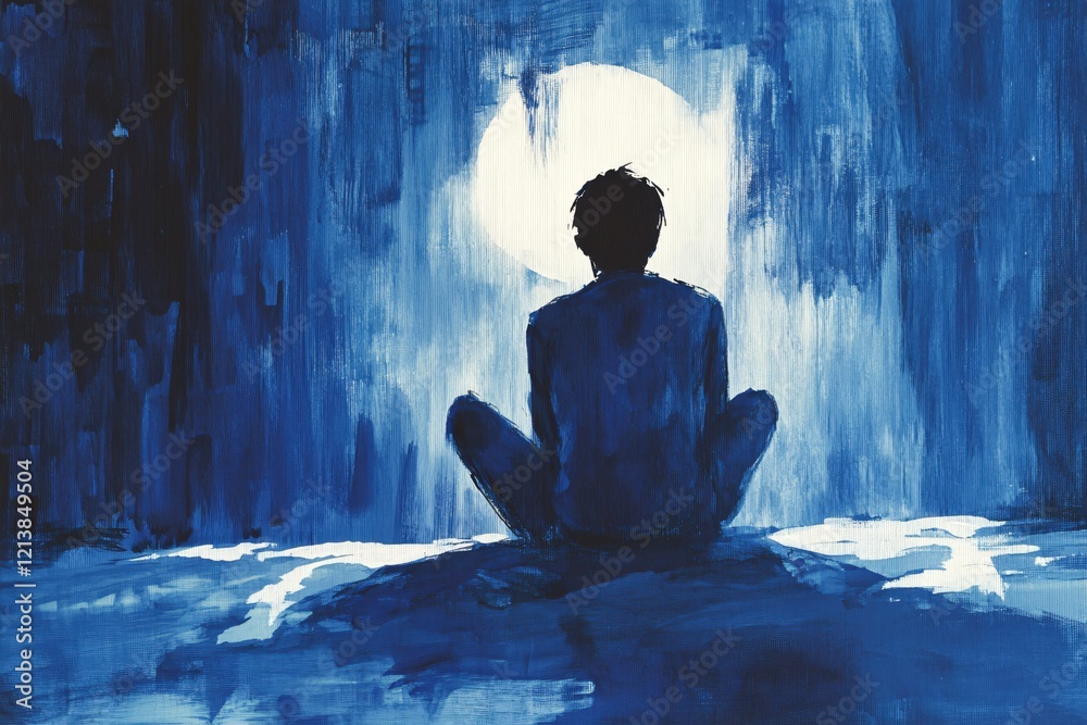 Person sitting in front of a bright light in a painted blue abstract background artwork Person sitting in front of a bright light in a painted blue abstract background artwork