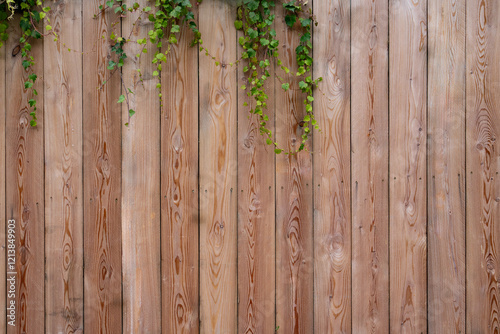 Green Vine climber or creeper plant growth on wooden wall with copy space.