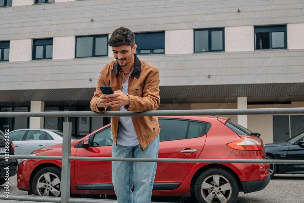 Naklejka premium Casual young man on the street chatting with mobile phone