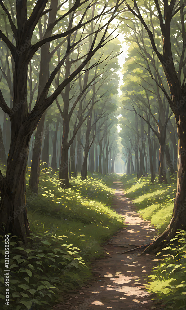 Naklejka premium 森の中に続く光に照らされた小道