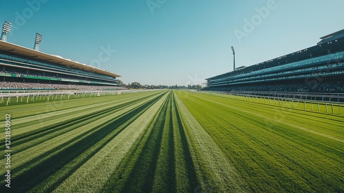Race track's perfectly manicured turf, grandstands under clear sky.