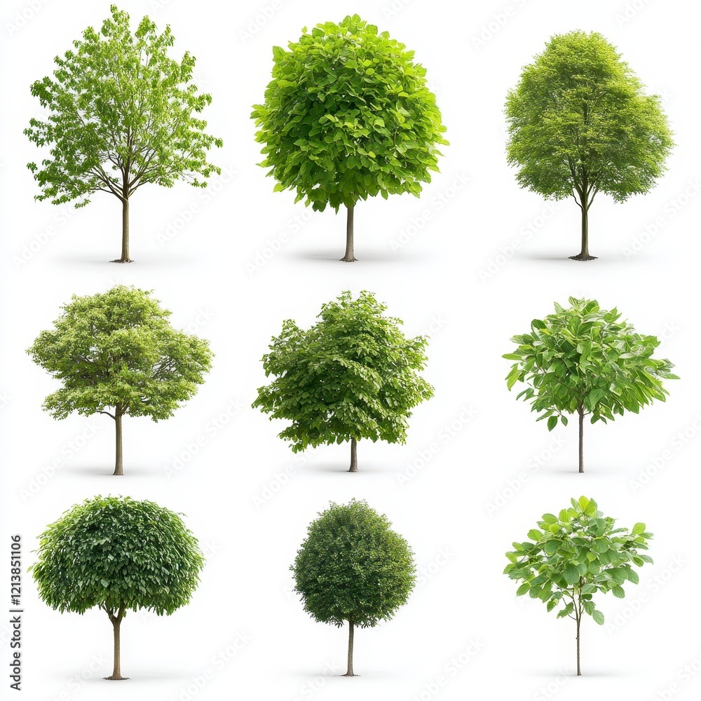 Fototapeta premium Nine Diverse Green Trees Isolated on White Background High Resolution Images for Landscaping Design